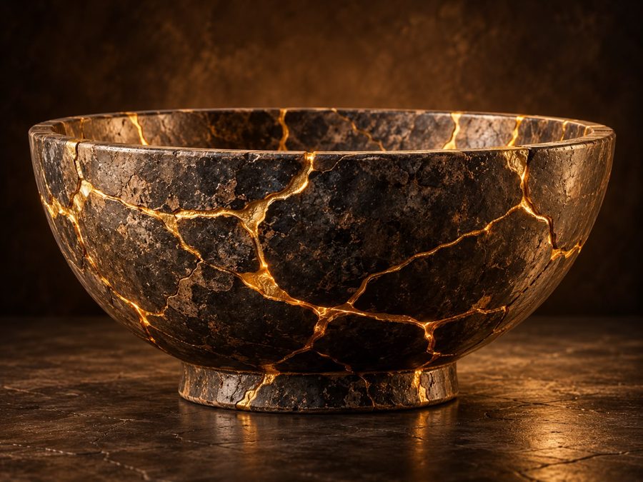 A dark stone bowl mended with gold along its cracks