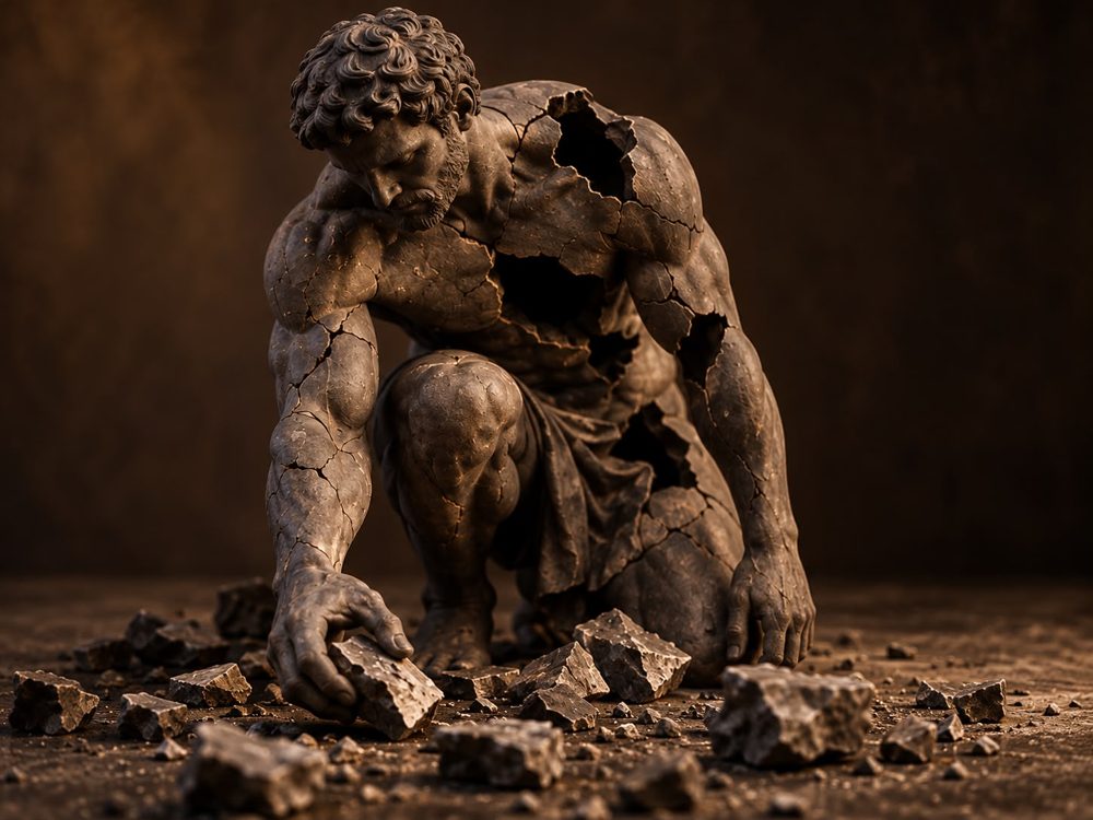 Kneeling stone figure, its cracks mended with gold