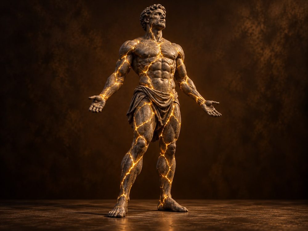 Standing stone figure, arms open, made whole with gold