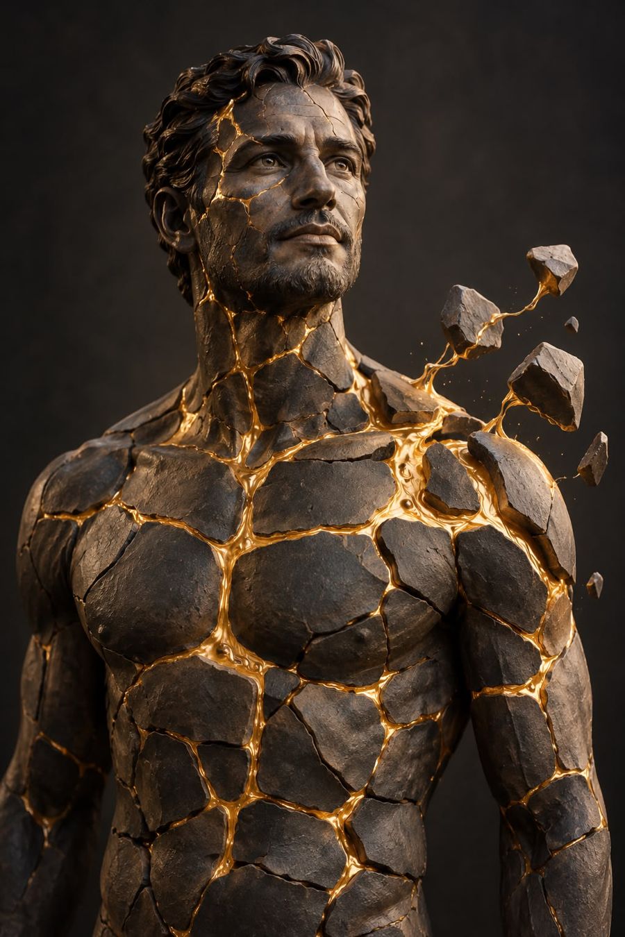 A man's figure in dark stone, its cracks mended with gold, the kintsugi way